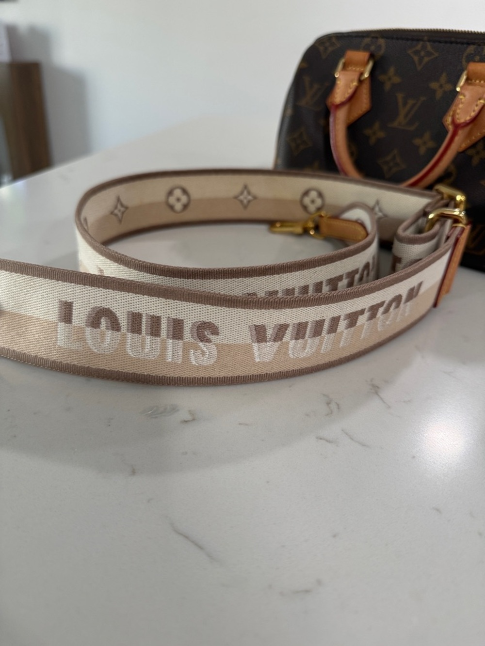 Louis Vuitton Brown Monogram Mini Bag with Beige Logo Strap - Picture 4 of 5